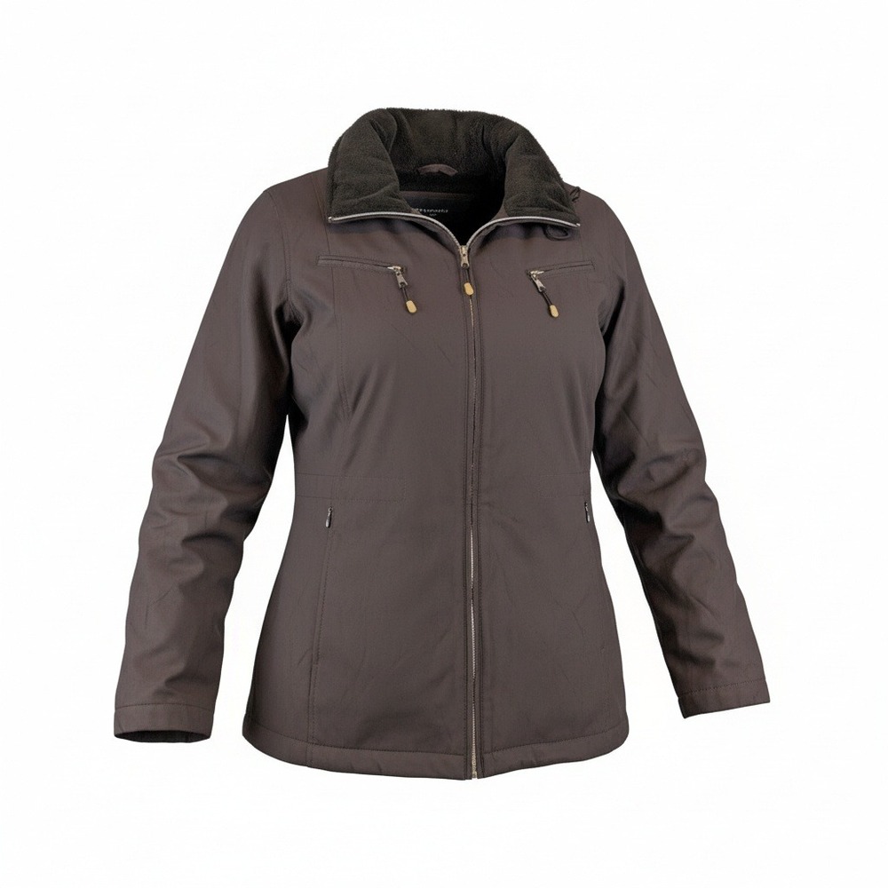 Brown Faux Fur Lined Zip Up Jacket Women‎ Warm Casual Outerwear stowaway hood